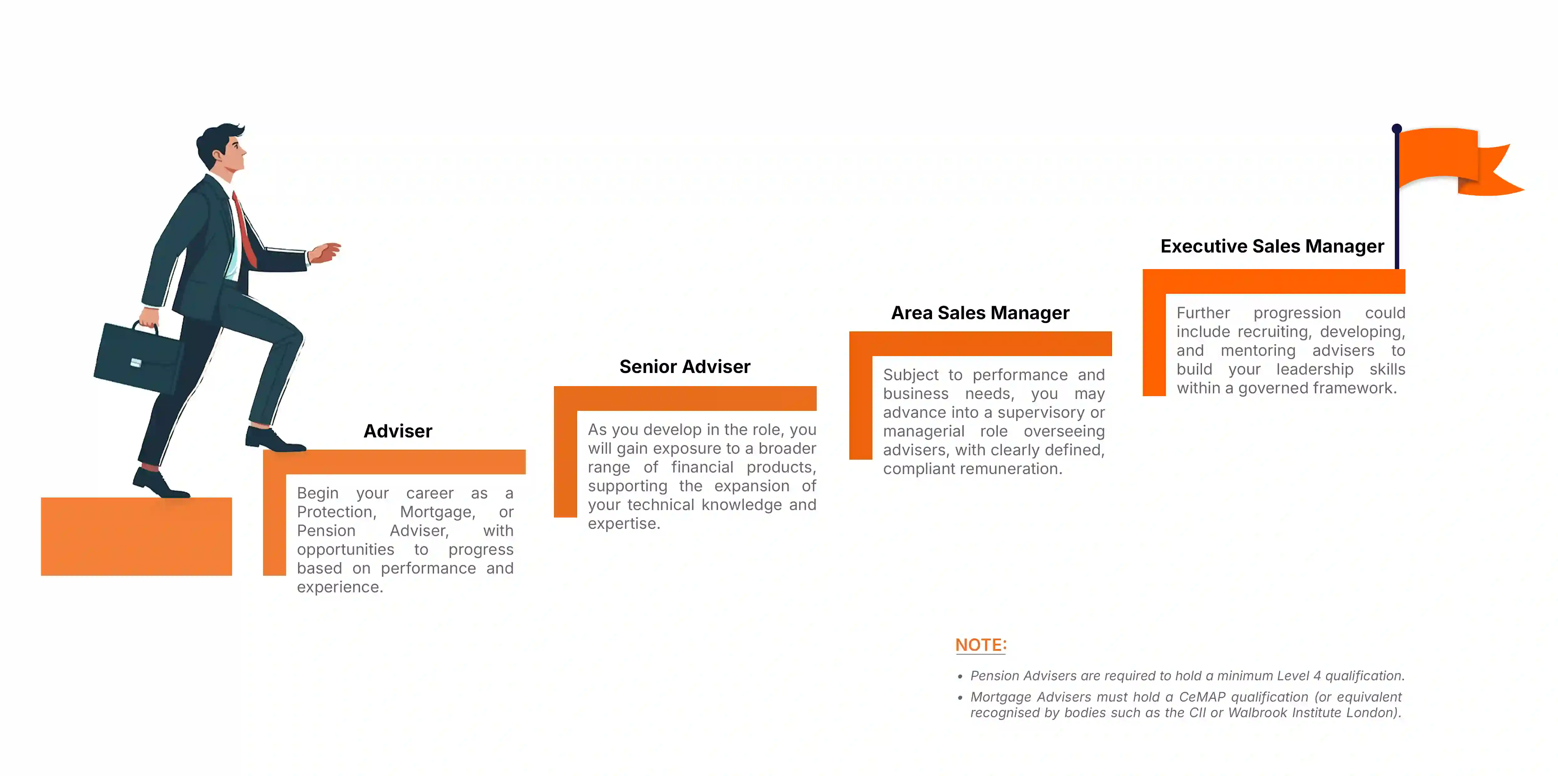 Financial adviser career progression pathway from Protection Adviser to Executive Sales Manager in six steps